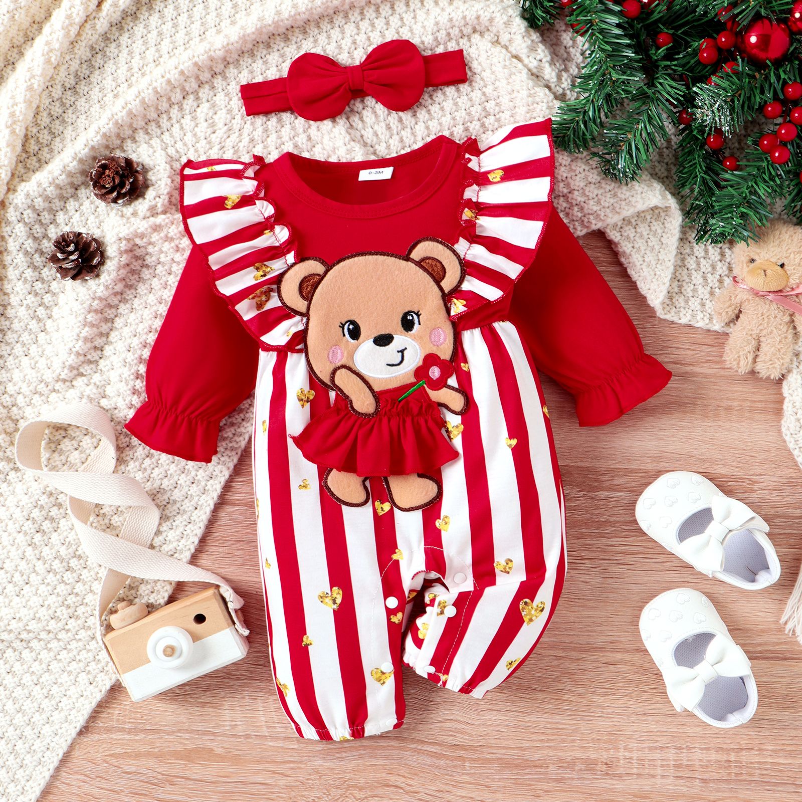 2pcs Baby Girl Sweet Striped Hyper-Tactile Bear And Stripe Pattern Jumpsuit