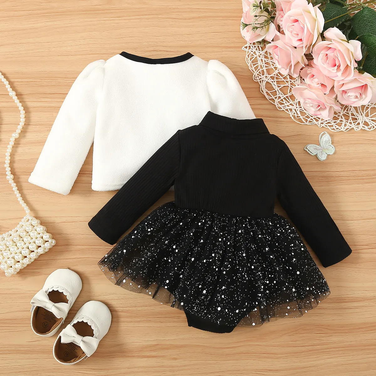 2pcs Baby Girl Sweet Letter Pattern Fabric Stitching Mesh Romper Set  image 3