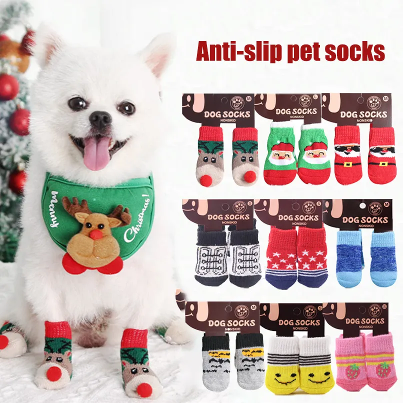 4 piezas de calcetines lindos antideslizantes para mascotas navideñas Rosado big image 1