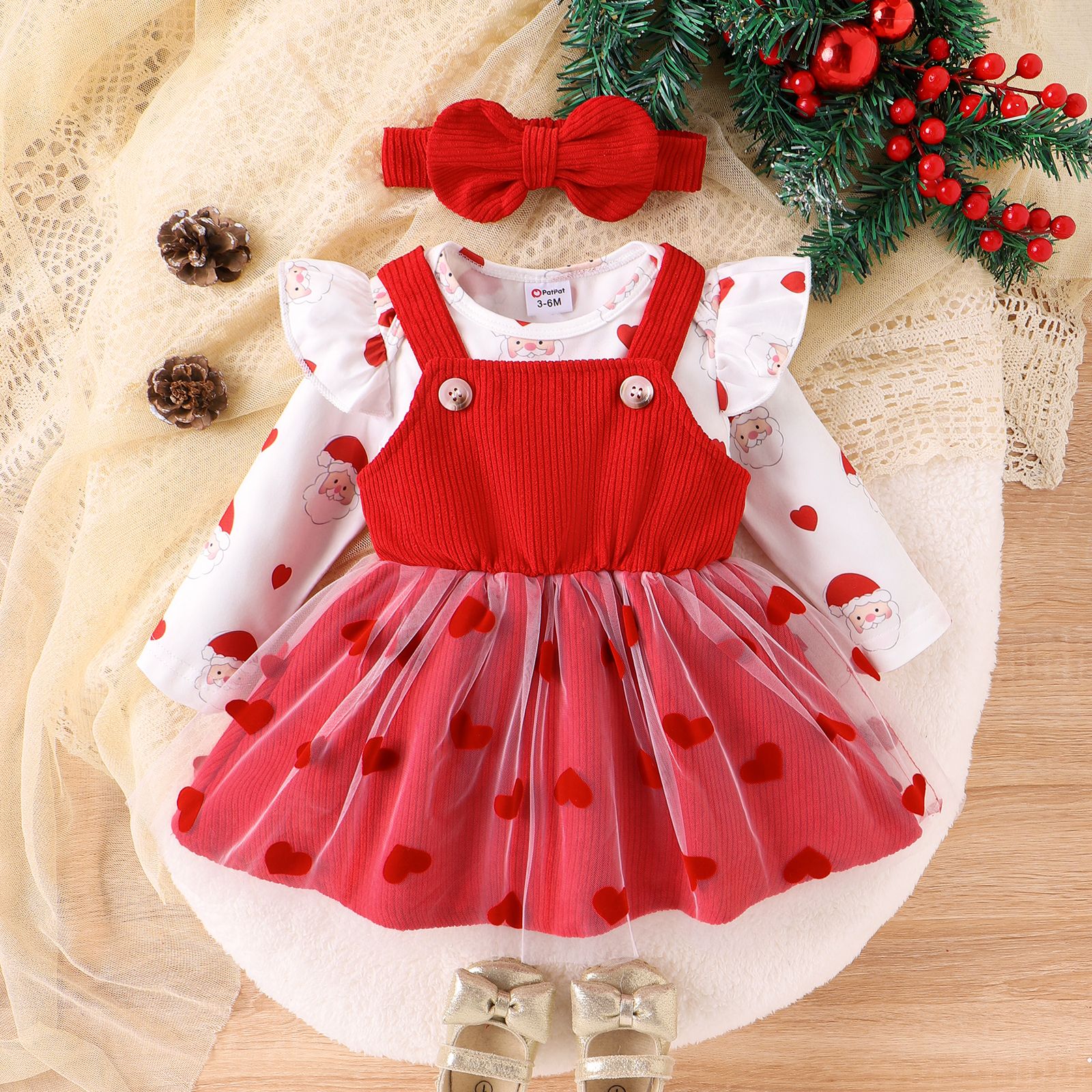 3pcs Noël Sweet Baby Girl Heart Imprimé Mesh Dress Set Avec Bandeau