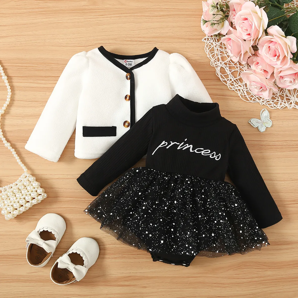 2pcs Baby Girl Sweet Letter Pattern Fabric Stitching Mesh Romper Set