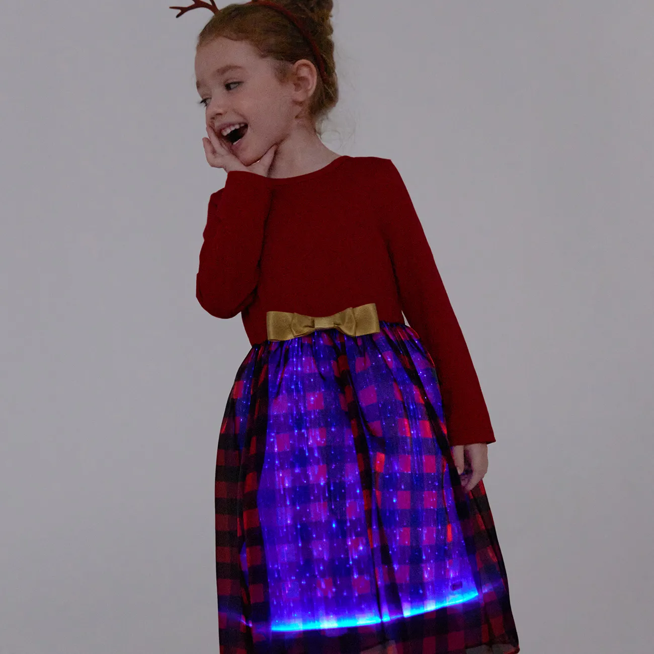 Go-Glow Weihnachtskleid mit leuchtendem Rock mit Karomuster inklusive Controller (eingebaute Batterie) rot big image 1