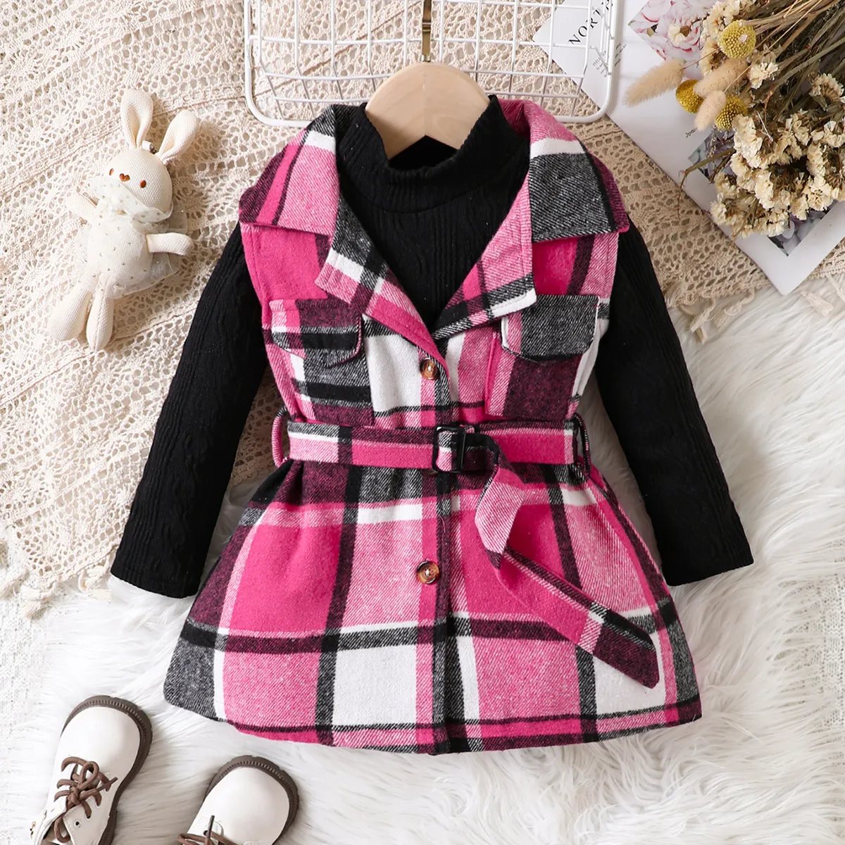 2pcs Toddler Girl Classic Mock Neck Textured Tee and Plaid Lapel Collar Belted Dress Set Hot Pink big image 1