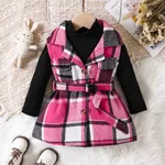 2pcs Toddler Girl Classic Mock Neck Textured Tee and Plaid Lapel Collar Belted Dress Set Hot Pink