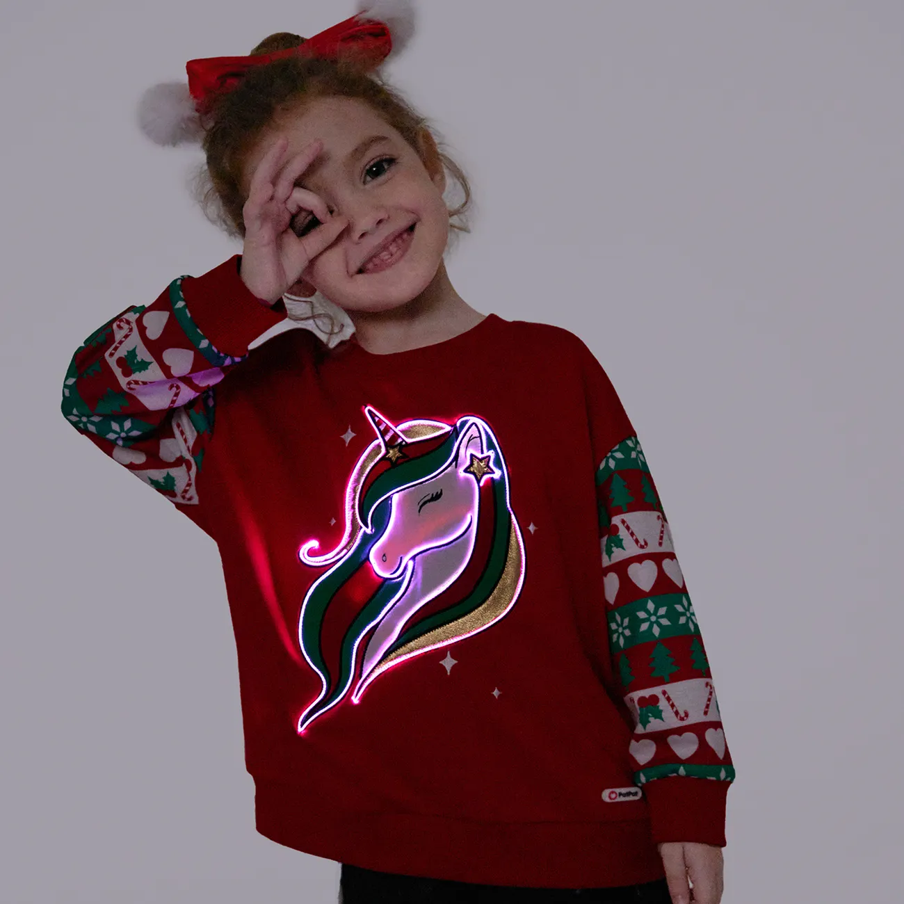 Go-Glow Christmas Illuminating Sweatshirt with Light Up Unicorn Including Controller (Built-In Battery) Red big image 1