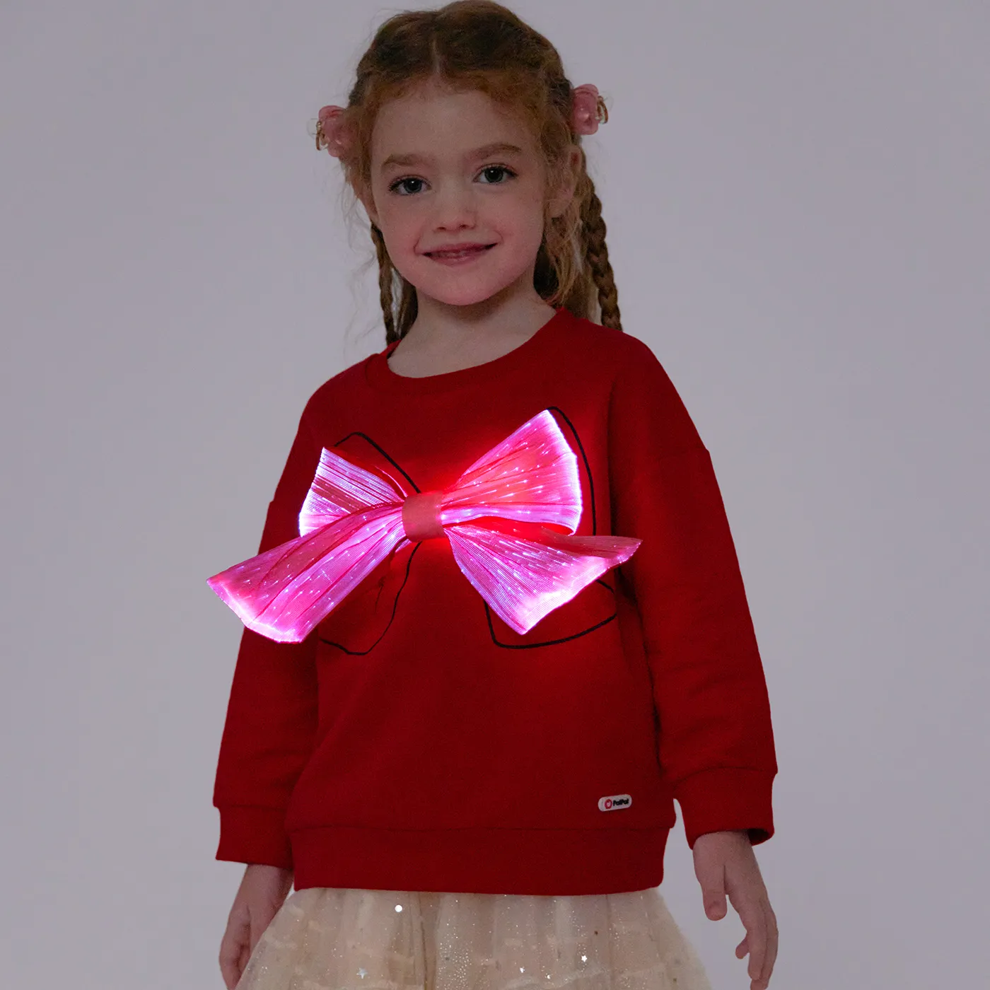 Illuminé Amovible Gros Bowkont Design Pulls Molletonnés En Coton Rouge Pour Enfant En Bas âge Fille
