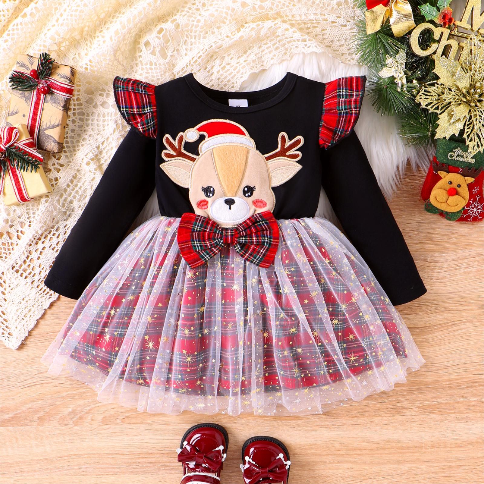 Christmas Toddler Girl Mesh Animal print Long Sleeve Flutter Design Dress