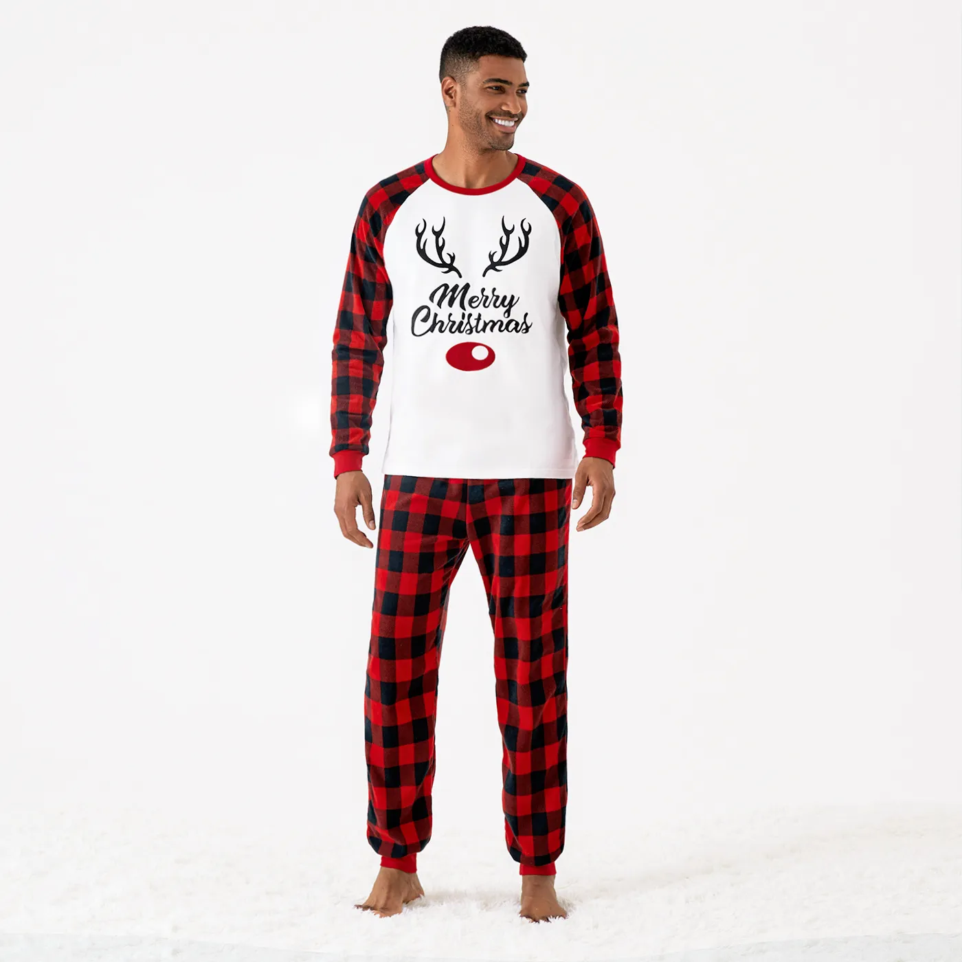 Christmas Reindeer Print Plaid Long-sleeve Family Matching Fleece Pajamas Sets (Flame Resistant)