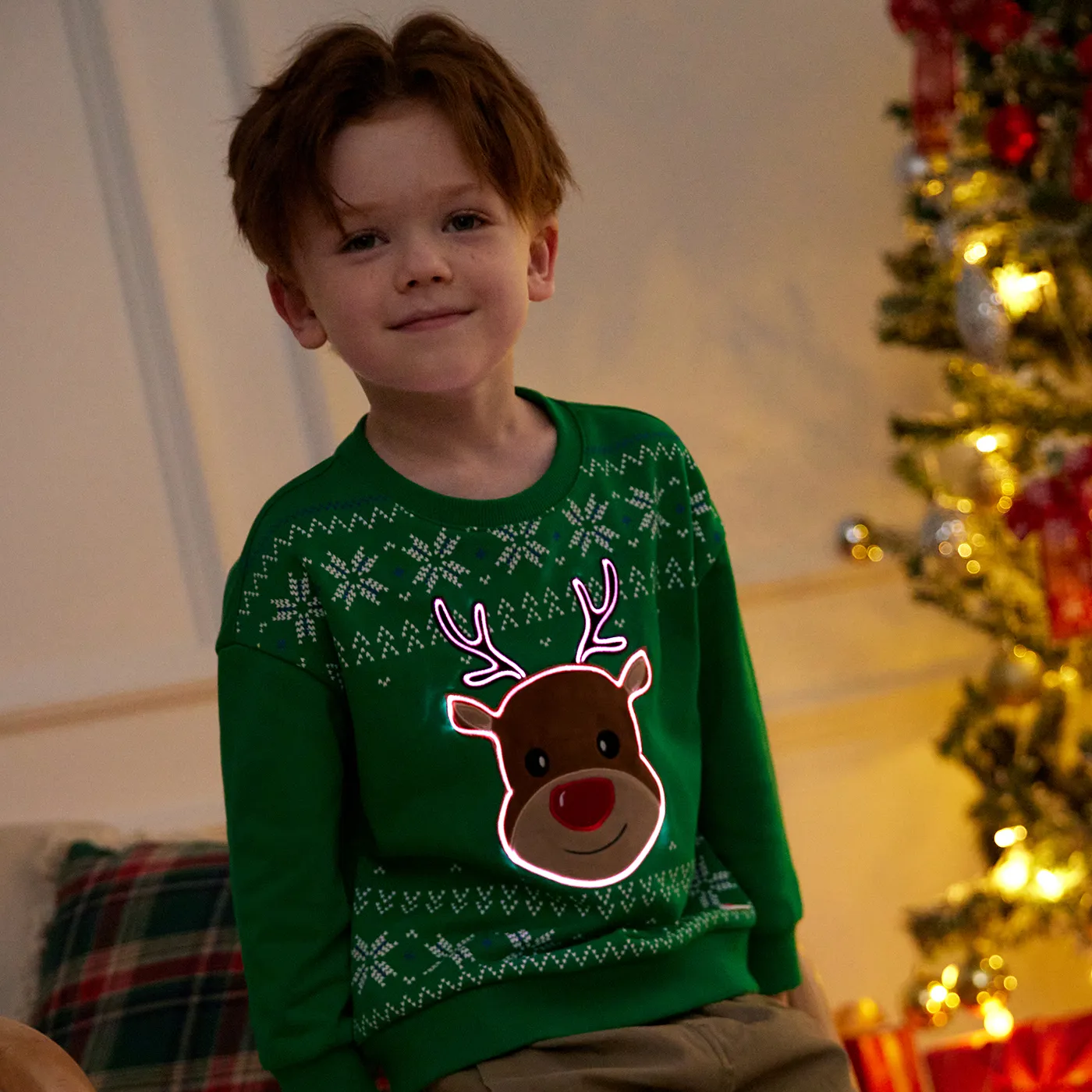 Go-Glow Christmas Illuminating Sweatshirt with Light Up Elk Including Controller (Built-In Battery)