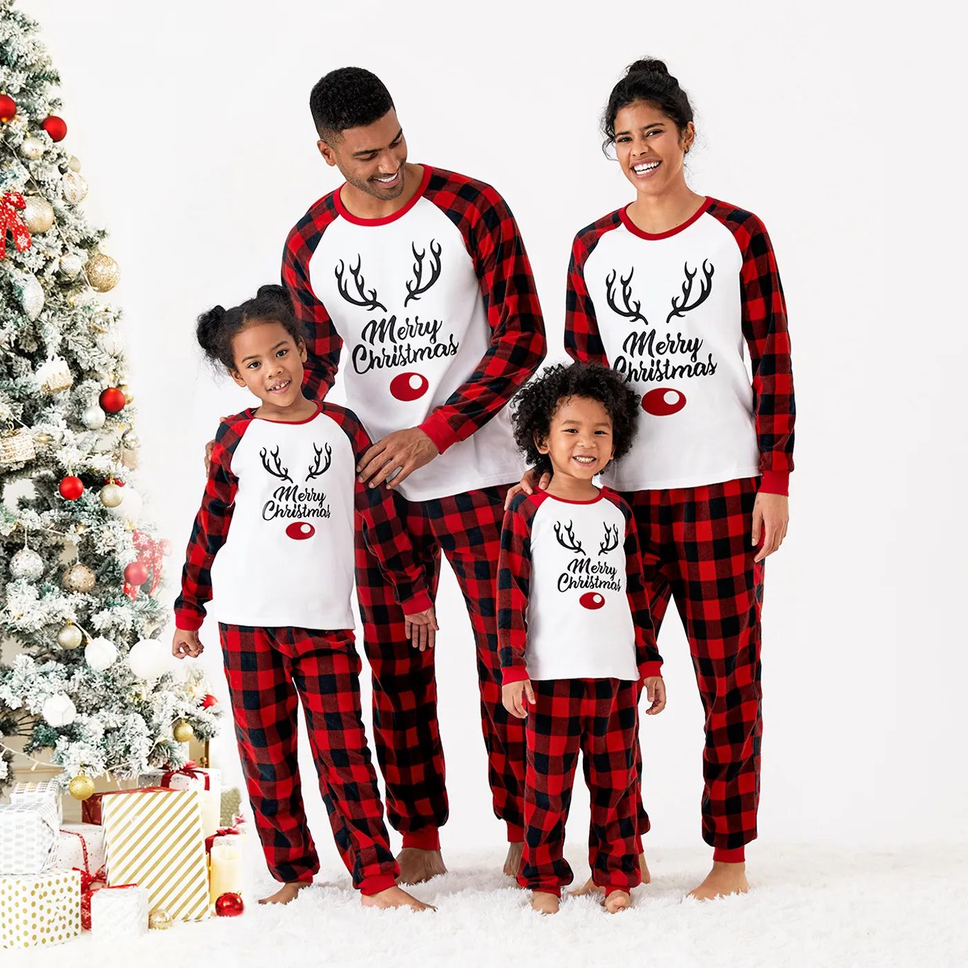 Christmas Reindeer Print Plaid Long-sleeve Family Matching Fleece Pajamas Sets (Flame Resistant)