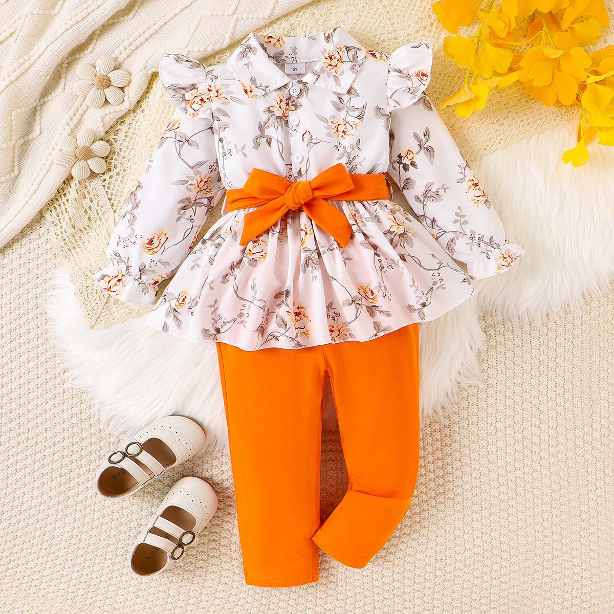 Toddler Girl's 2pcs Sweet Sets With Lapel, Broken Flower Plants And Floral Pattern