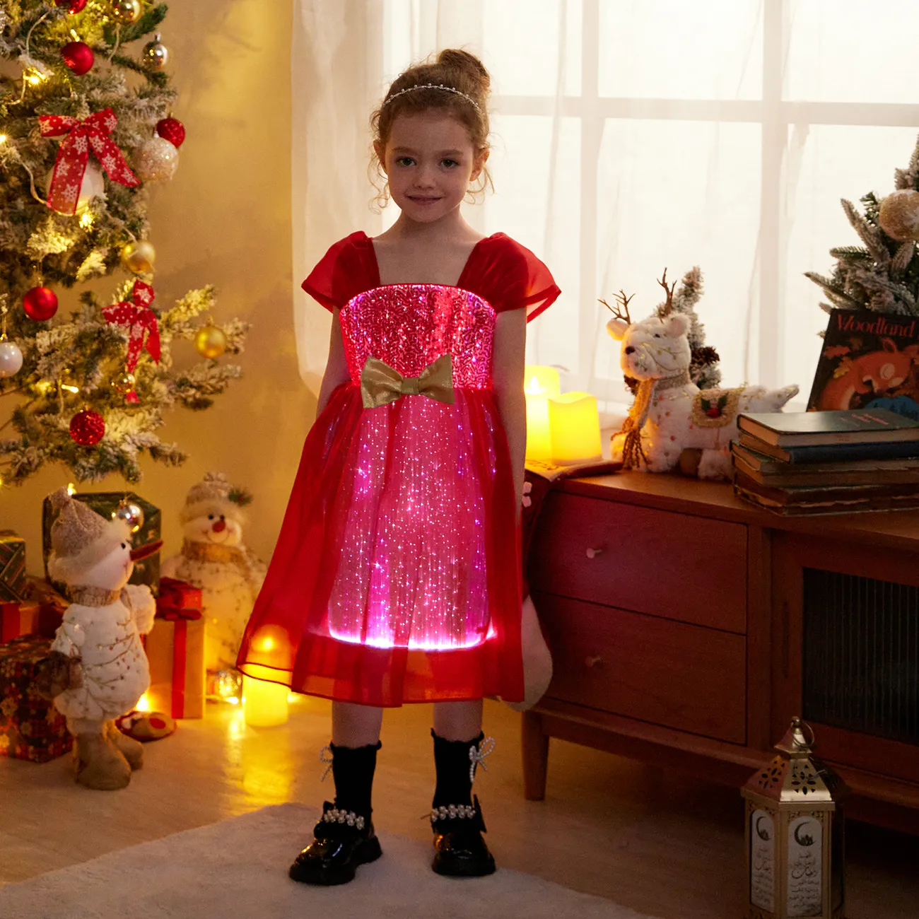 Vestido iluminador de Navidad Go-Glow con falda iluminada que incluye controlador (batería incorporada) Rojo big image 1