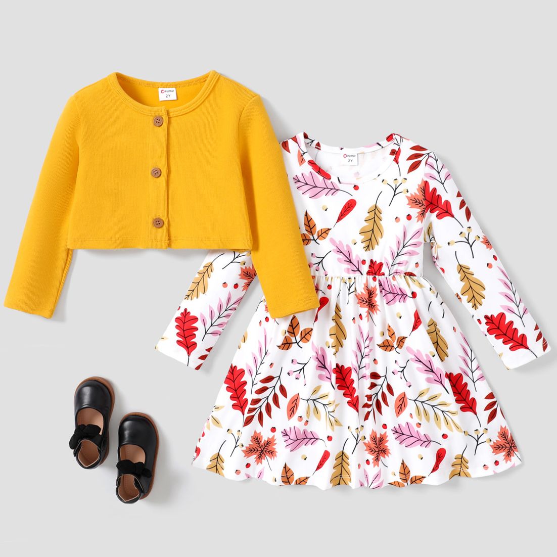 2PCS Toddler Girl Sweet Button Design  Jacket /Plant Floral Dress