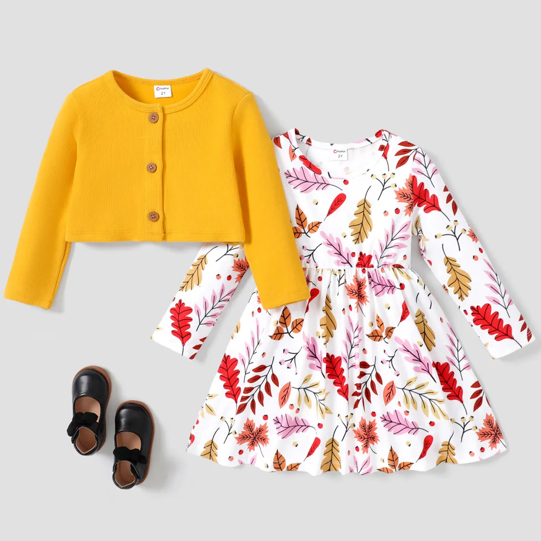  2PCS Toddler Girl Sweet Button Design  Jacket /Plant Floral Dress  Ginger big image 1