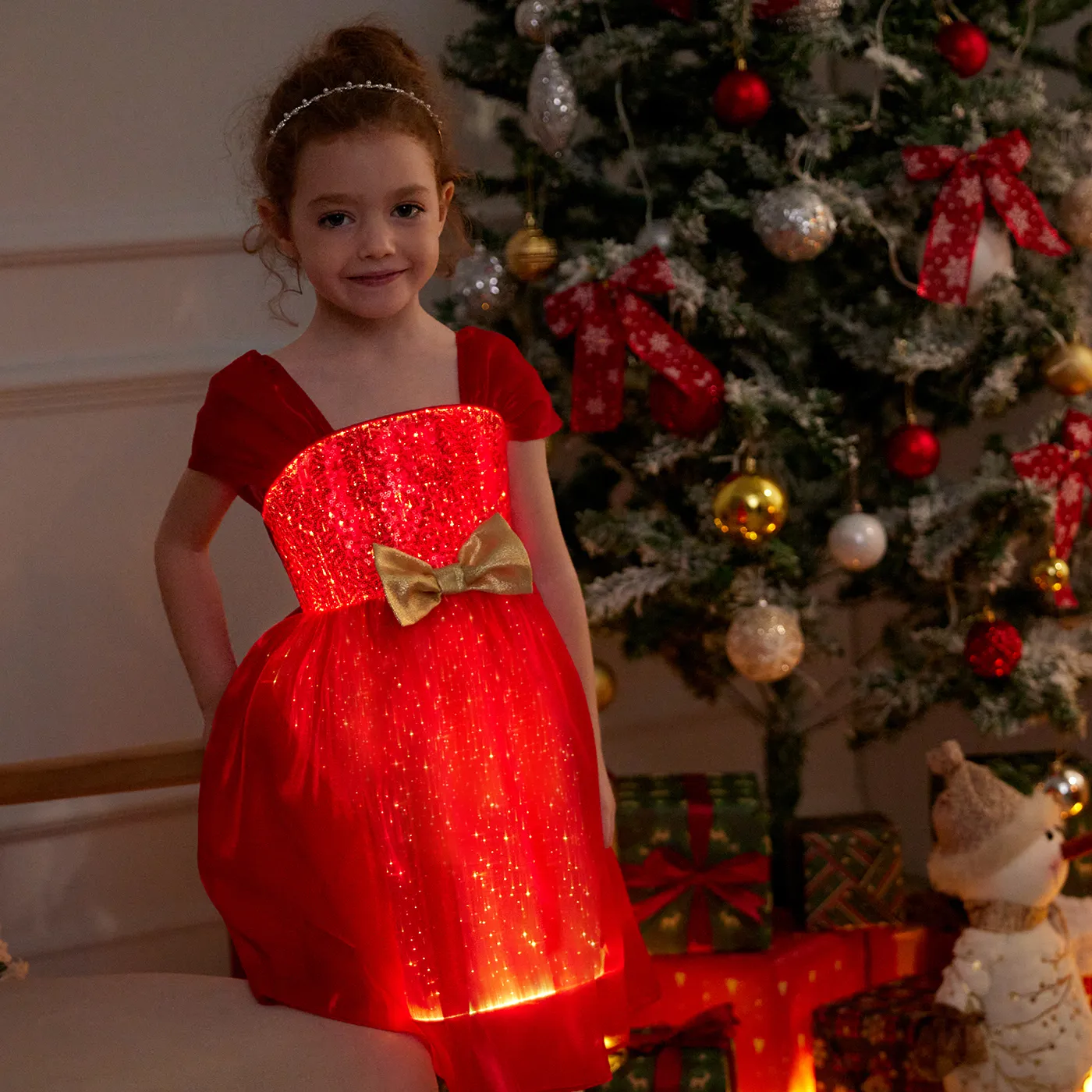 Go-Glow Christmas Illuminating Dress with Light Up Skirt Including Controller (Built-In Battery) Red image 4