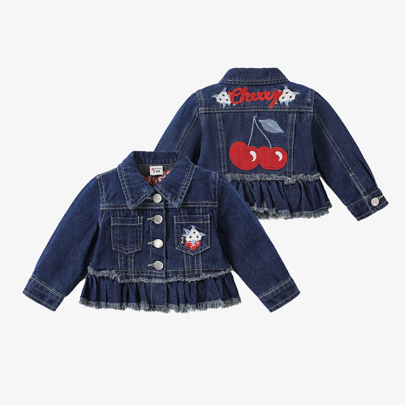 Baby Girl Childlike Fruit Embroidery  Lapel Denim Jacket