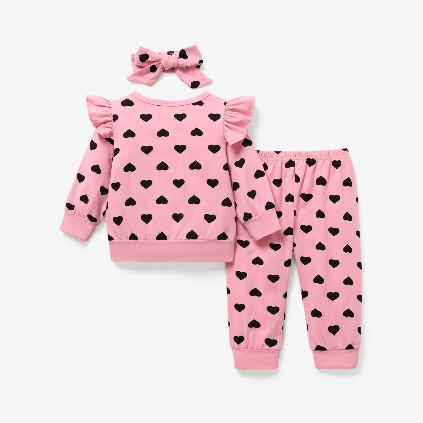3pcs Baby Girl 95% Cotton Allover Heart Print Ruffle Long-sleeve Top and Pants & Headband Set Pink image 2