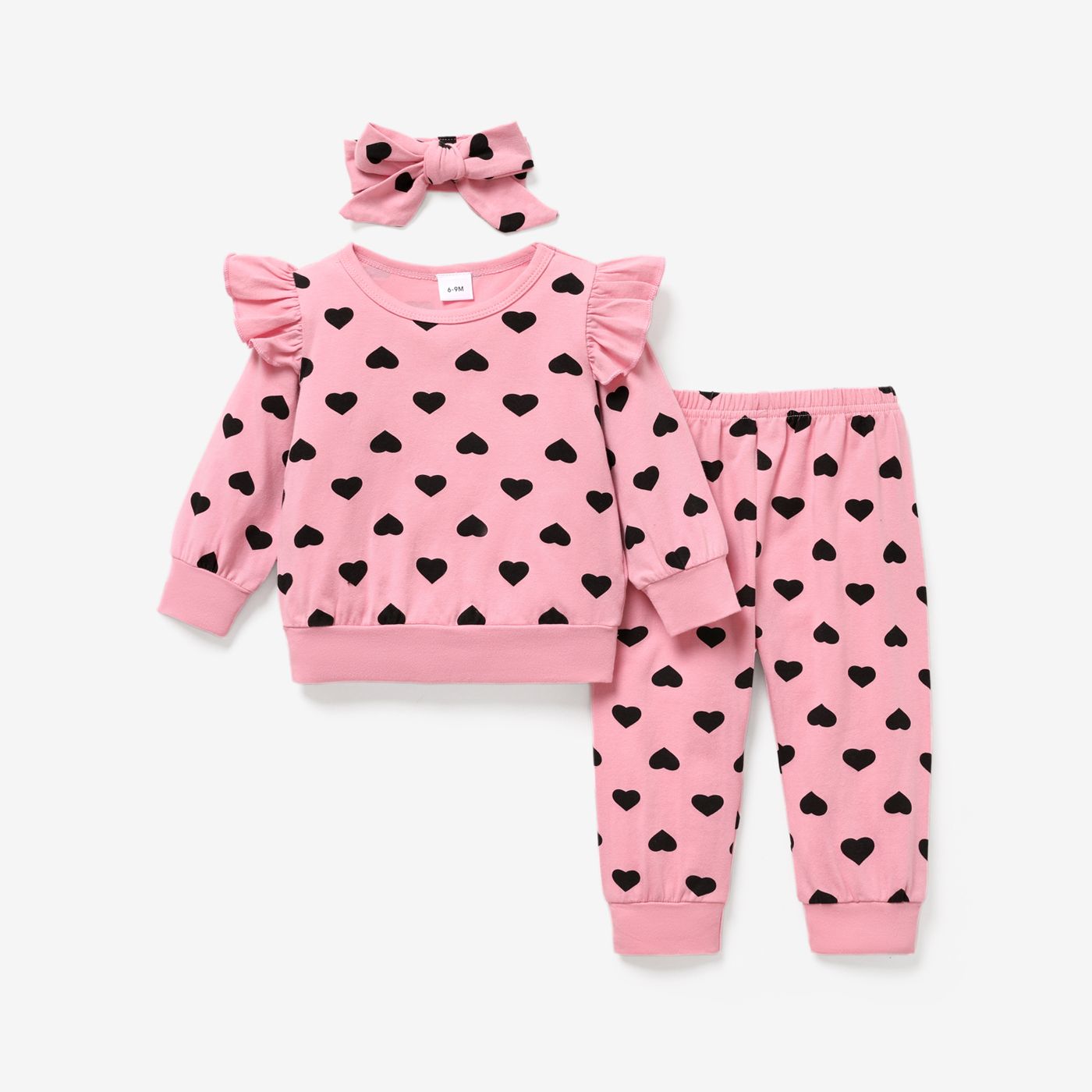 3pcs Baby Girl 95% Cotton Allover Heart Print Ruffle Long-sleeve Top and Pants & Headband Set