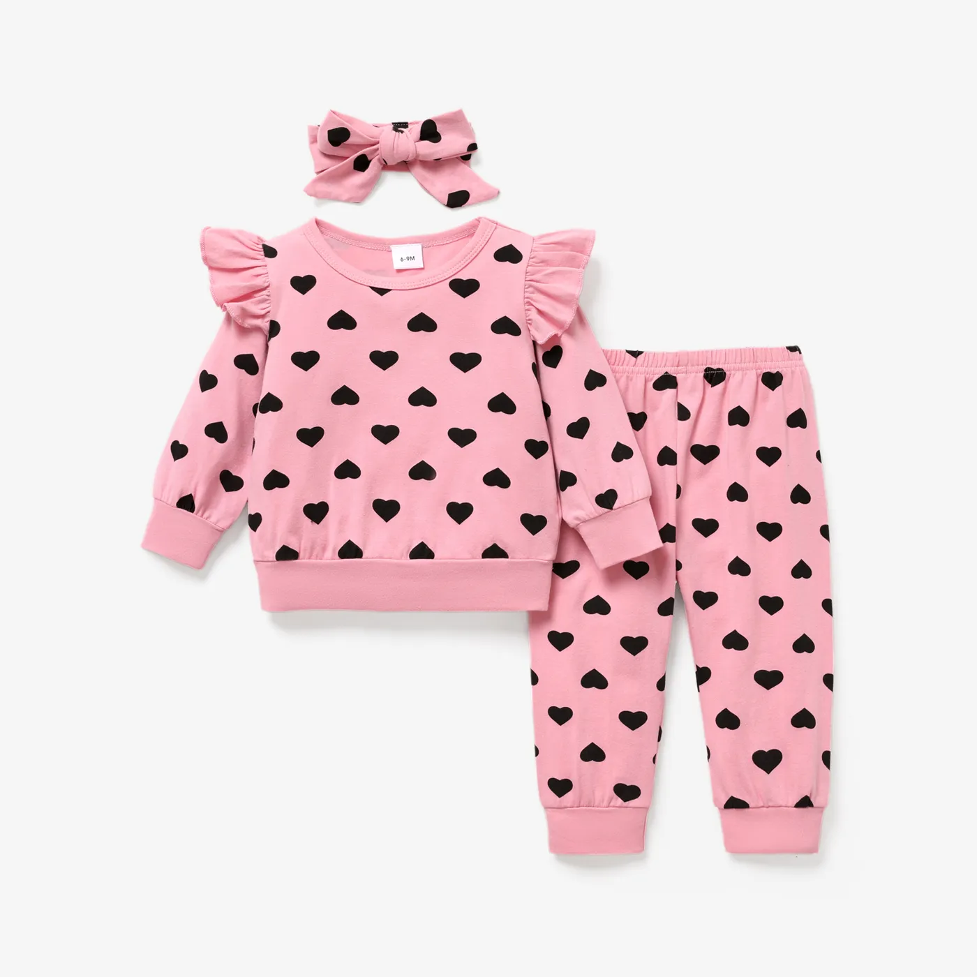 3pcs Baby Girl 95% Cotton Allover Heart Print Ruffle Long-sleeve Top and Pants & Headband Set Pink big image 1