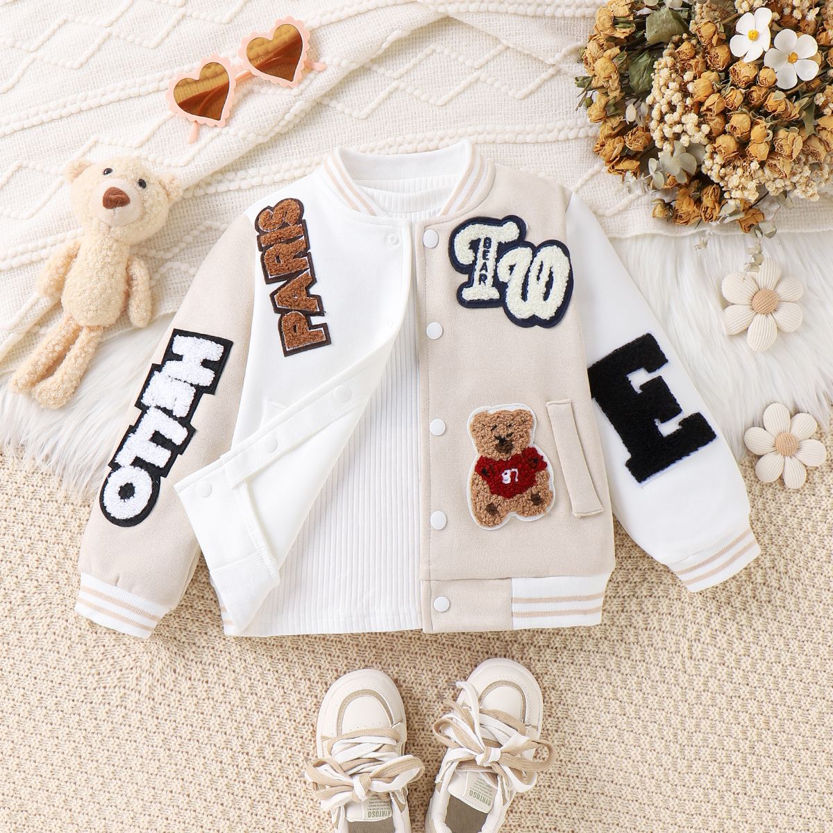 Toddler/Kid Girl/Boy Letter And Bear Pattern Baseball Jacket