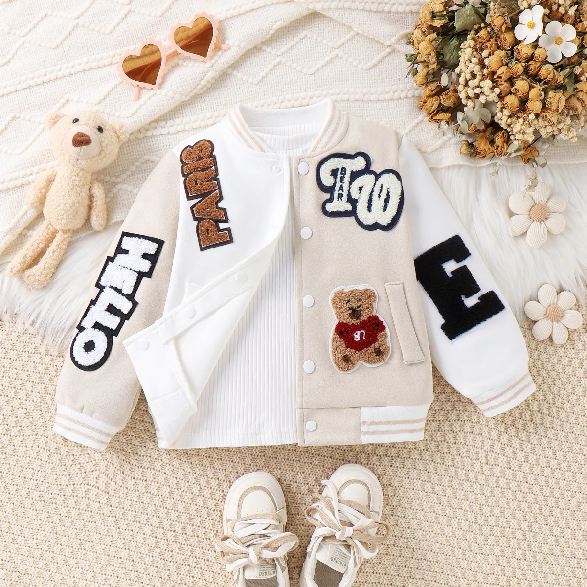 Toddler/Kid Girl/Boy Letter and Bear Pattern Baseball Jacket  big image 1