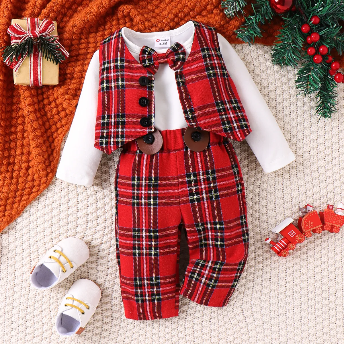 3pcs Baby Boy Classic Christmas Grid and Strap Design Set Red big image 1