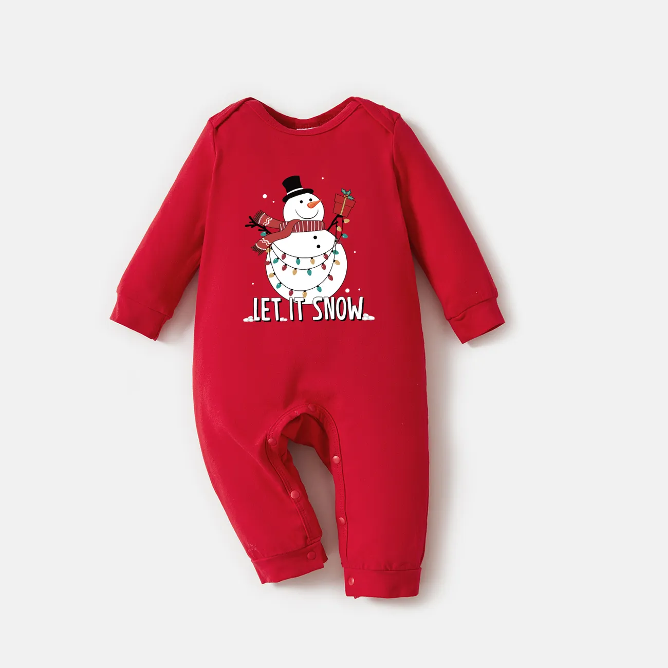 Christmas Family Matching Solid Color Snowman Print Cotton Long Sleeve Tops Red big image 1