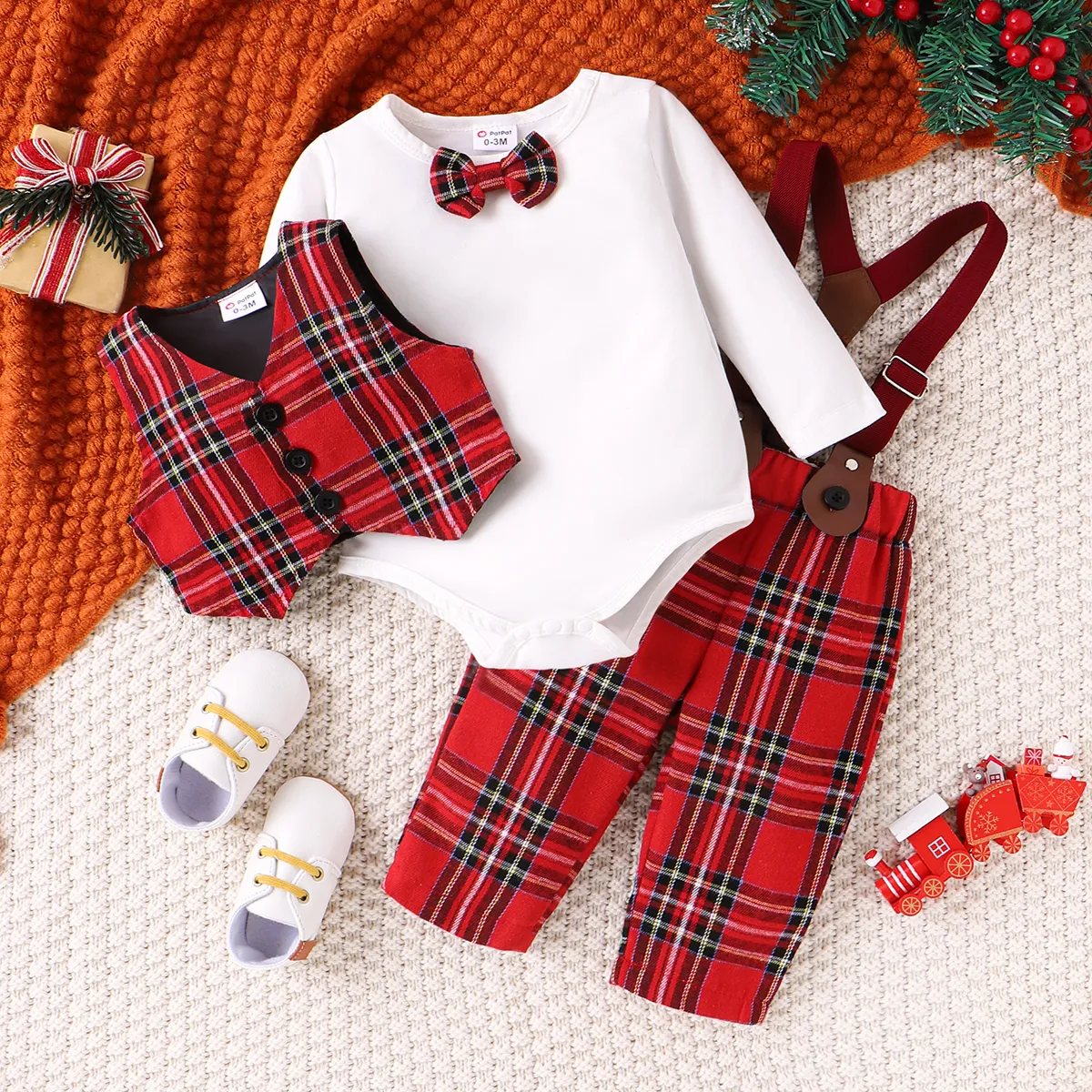 3pcs Baby Boy Classic Christmas Grid and Strap Design Set Red big image 1