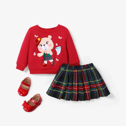 2pcs Baby Girl's Animal Pattern Bear Sweatshirt and Plaid Skirt School Suit Dress