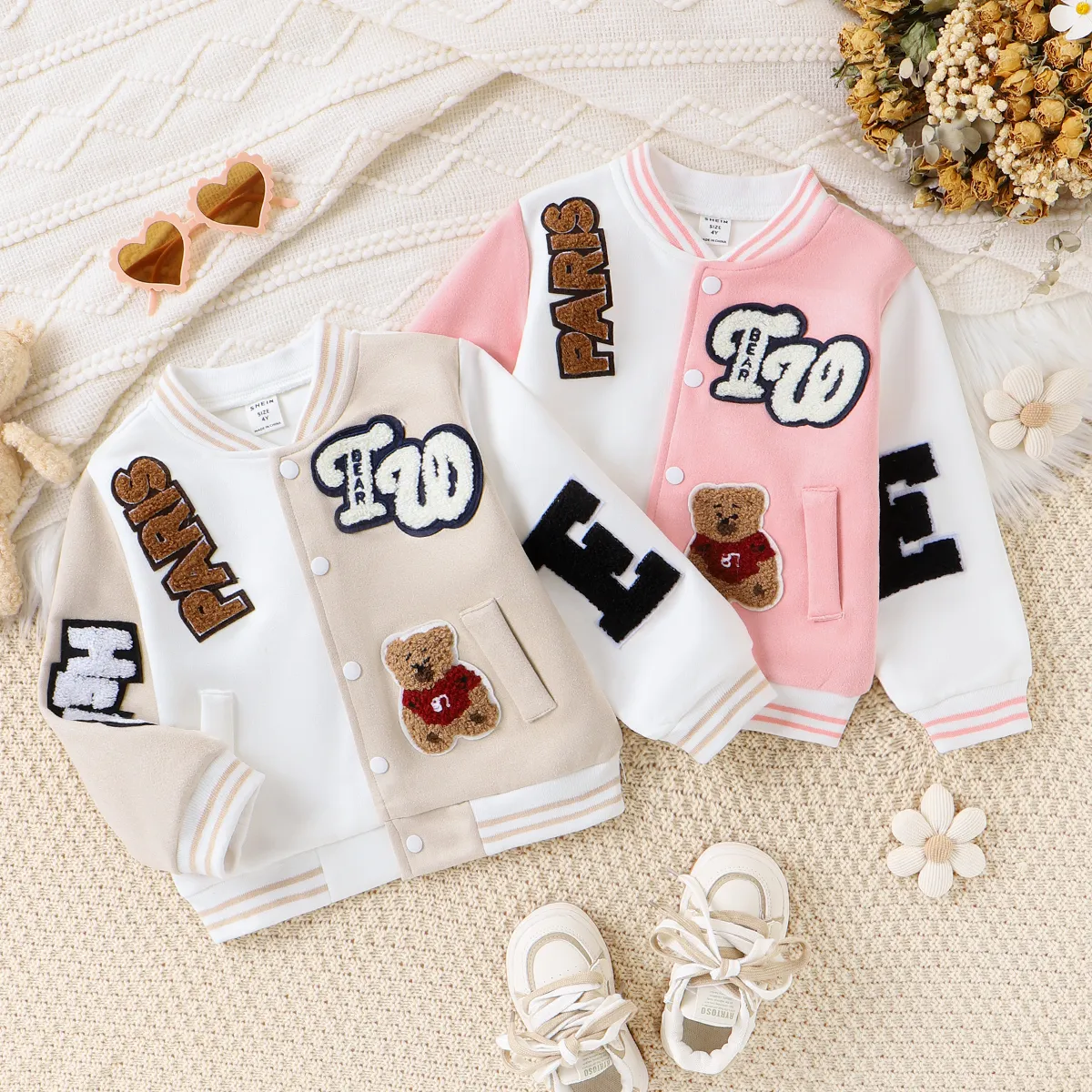 Toddler/Kid Girl/Boy Letter and Bear Pattern Baseball Jacket