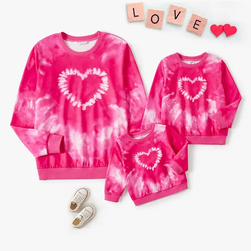 Valentine's Day Mommy and Me Sweet Pink Tie-dye Heart Print Long-sleeve Tops