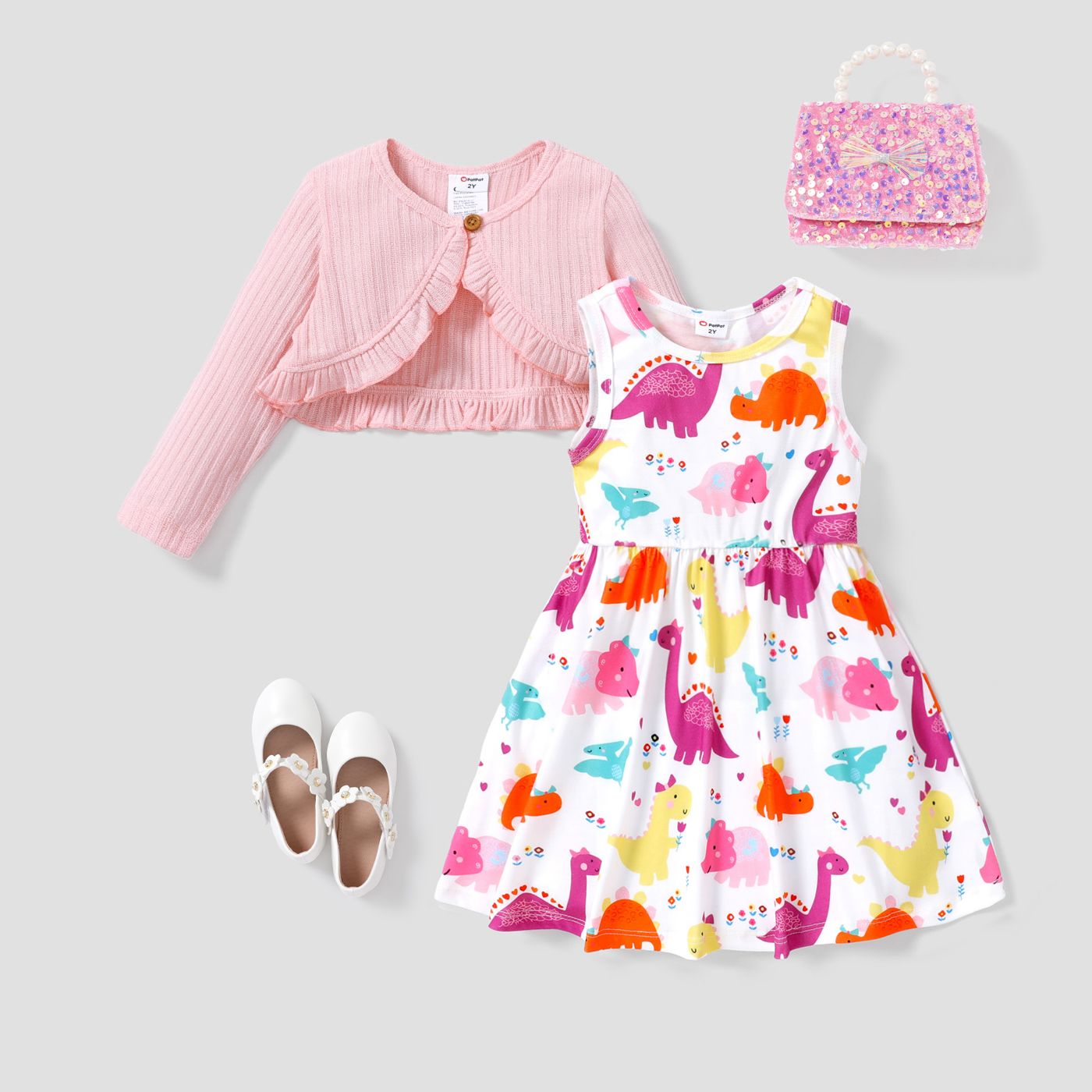 

2pcs Toddler Girl Dinosaur Pattern Ruffle Edge Dress Set