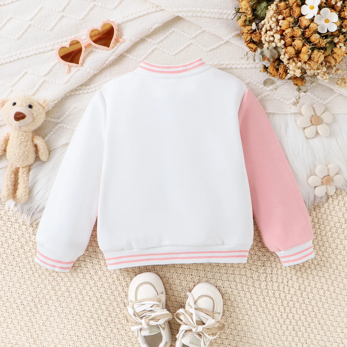 Toddler/Kid Girl/Boy Letter and Bear Pattern Baseball Jacket Pink big image 1