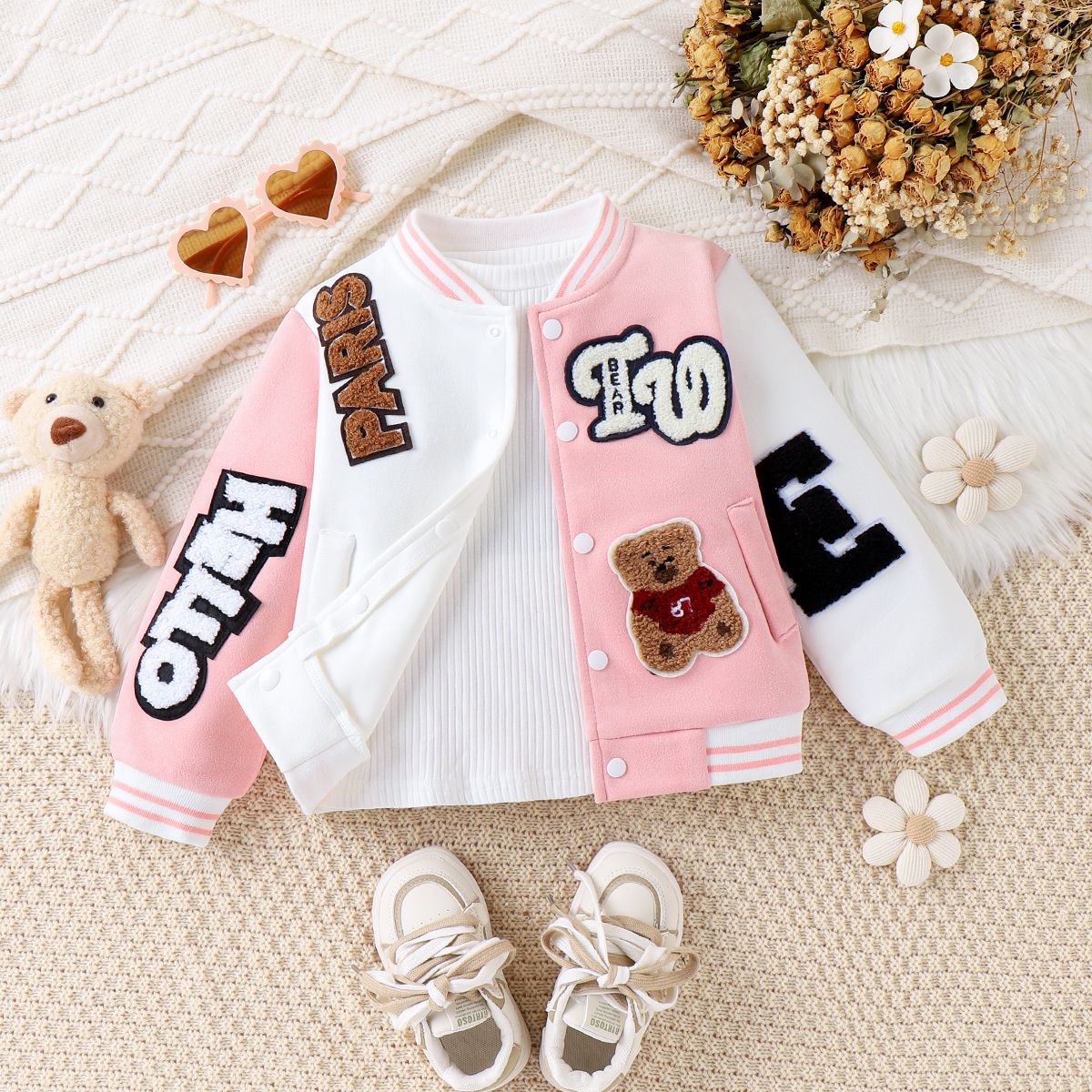 Toddler / Kid Girl / Boy Letter Et Bear Pattern Baseball Jacket