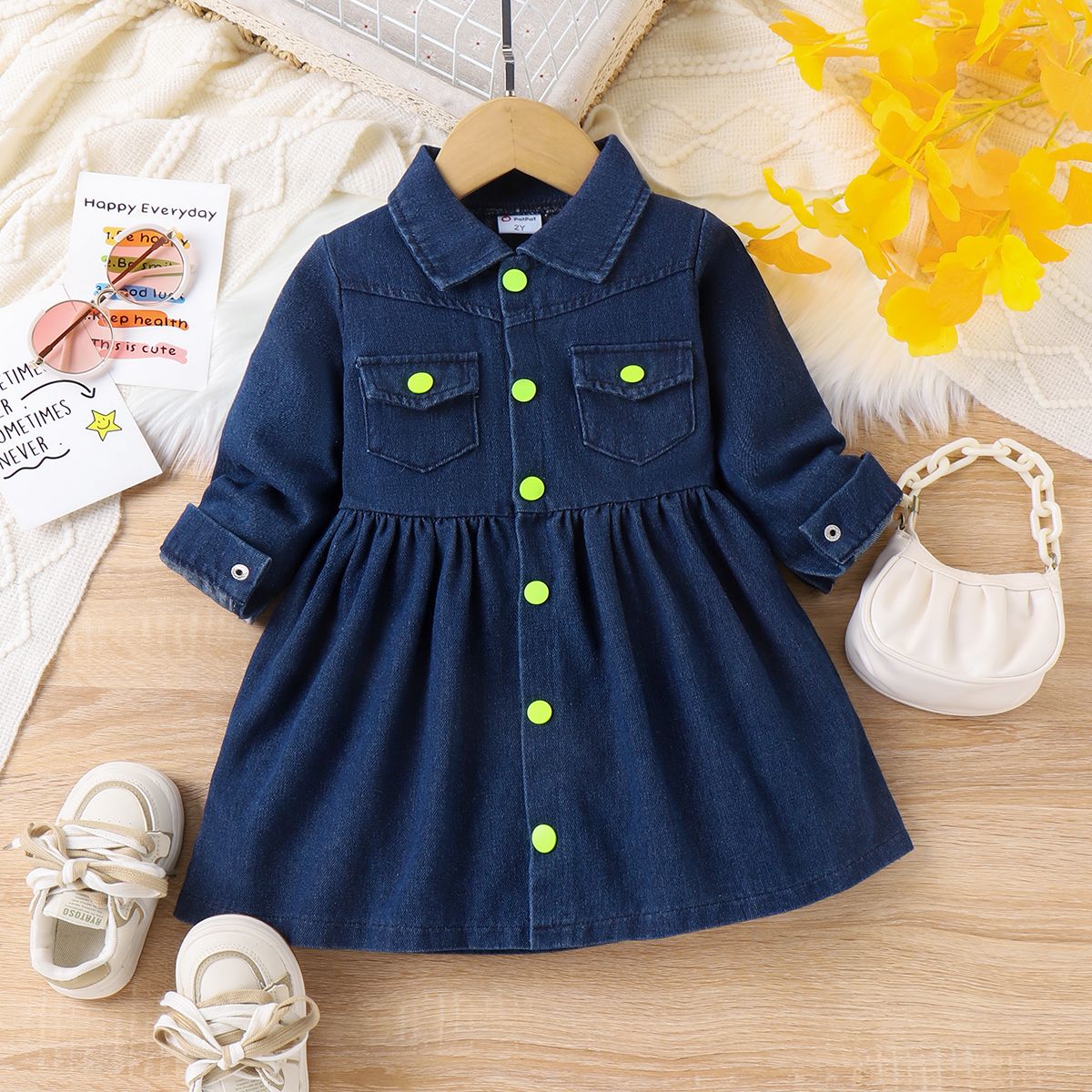 Toddler Girl Solid Color Collar Button Design Denim Dress
