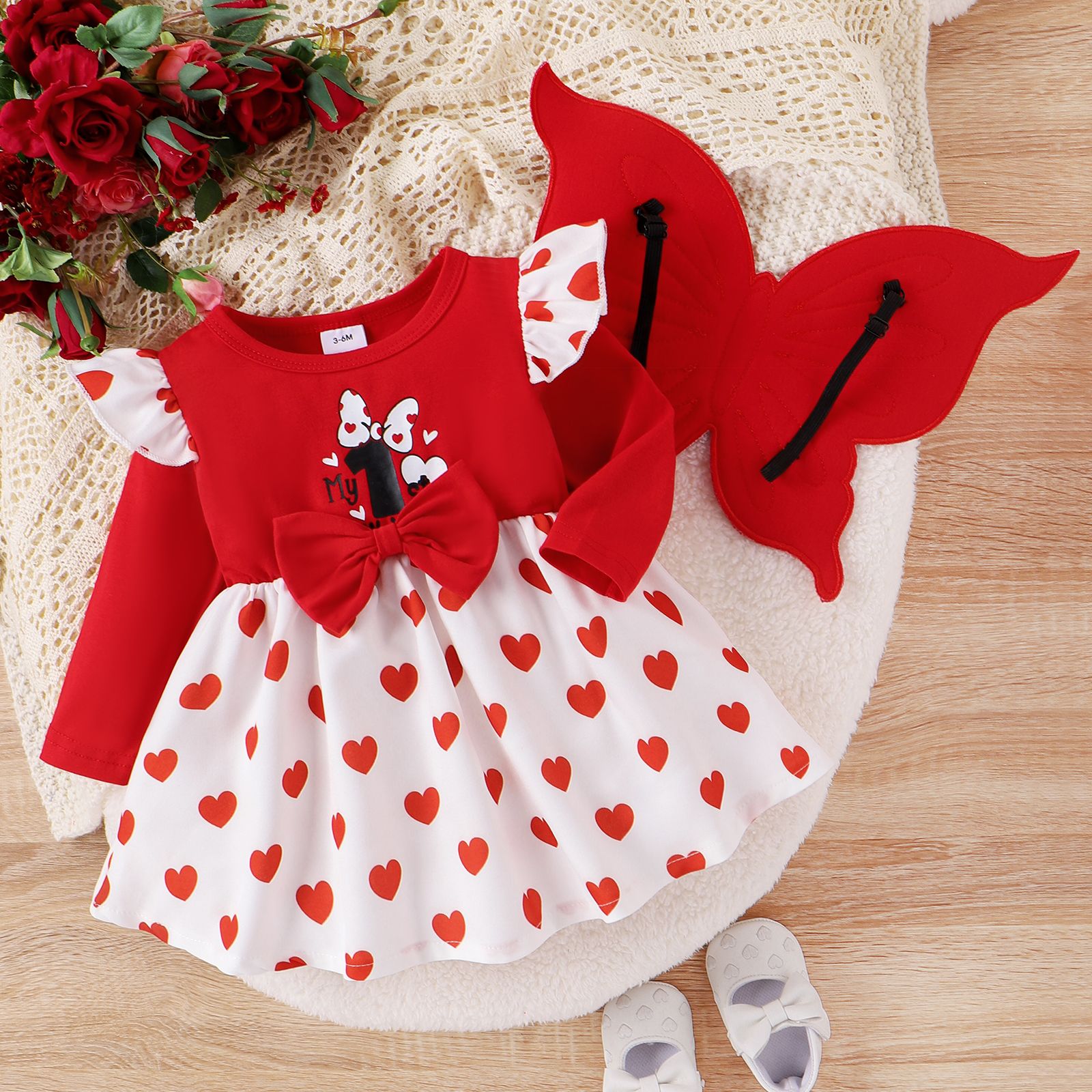 2pcs Baby Girls New Year 95%Cotton Polka Dot Heart Print Dress Set With Wings