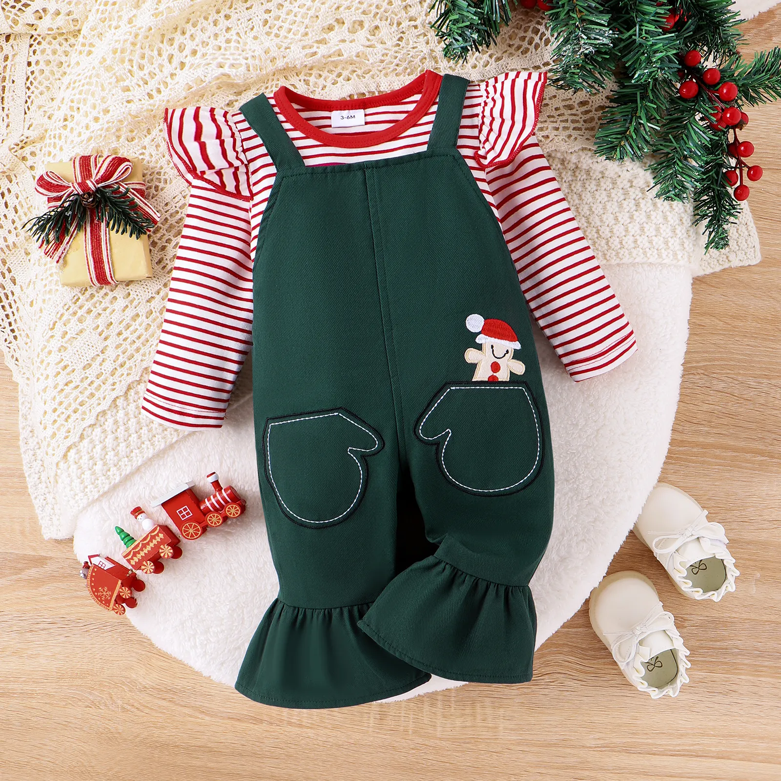 2Pc Baby Girls Christmas Horn Edge Embroidered Jeans  Set 