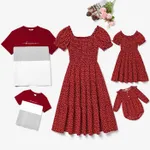 Family Matching Short Sleeve Color-block T-shirts and Heart Pattern Puff-sleeve Smocked Hem Dresses Sets  image 2