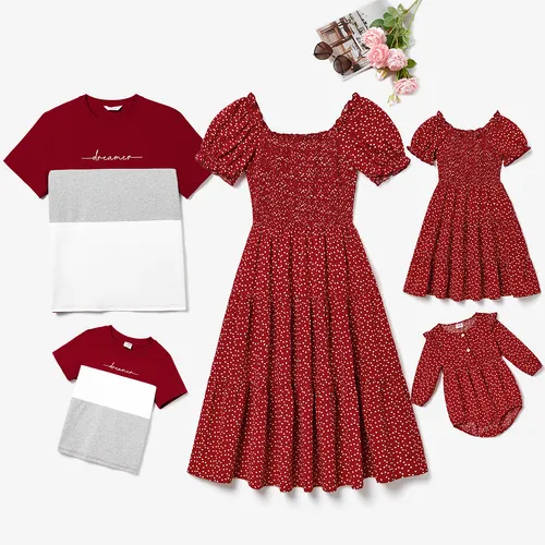 Family Matching Short Sleeve Color-block T-shirts and Heart Pattern Puff-sleeve Smocked Hem Dresses Sets