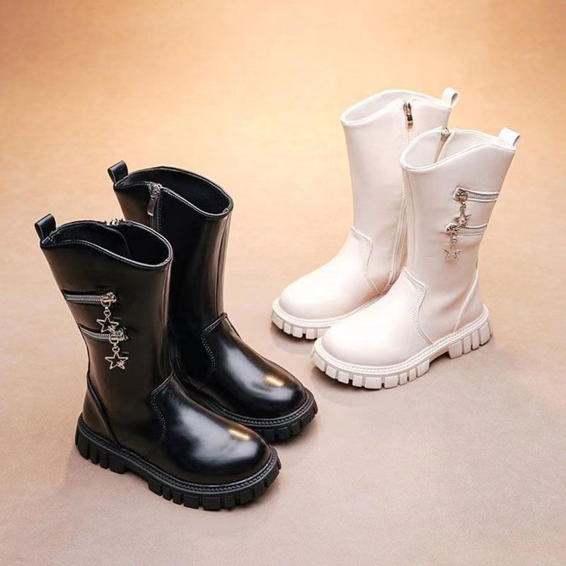 Kids Girls Solid Color Stars Zipper Design Side Zipper High Boots