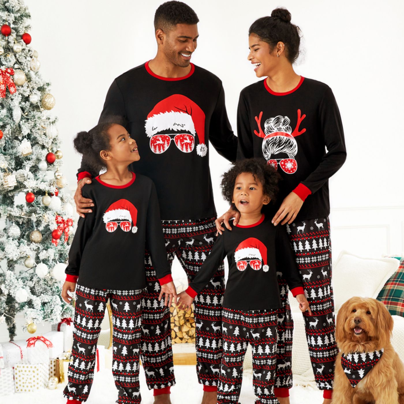 Christmas Family Matching Santa Hats And Reindeers Print Long-sleeve Pajamas Sets (Flame Resistant)