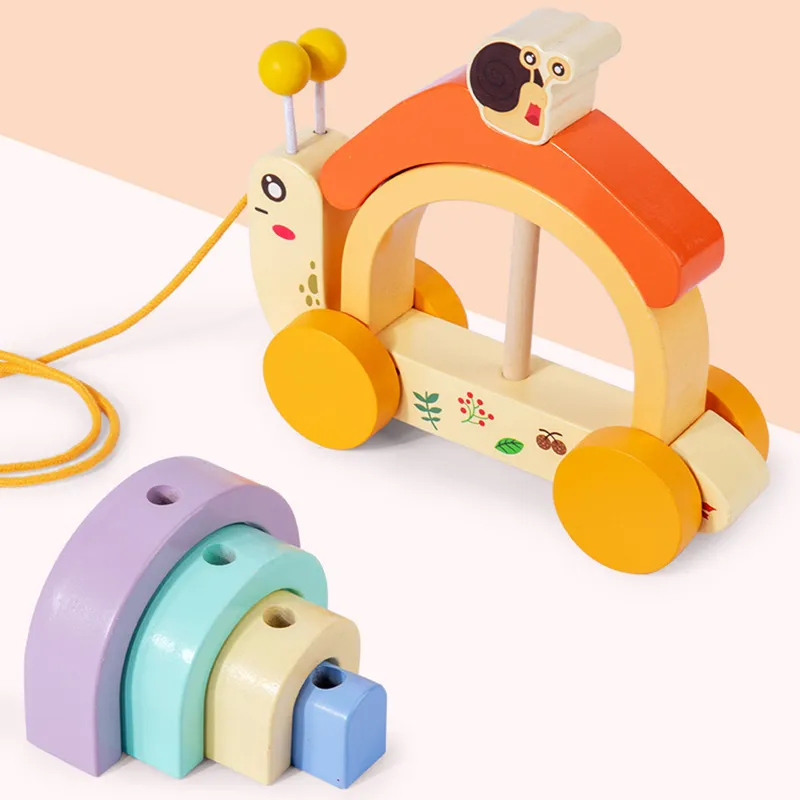 Rainbow Snail Wooden Pull-Along Toy for Children's Crawling and Walking Fun Multi-color image 3