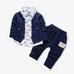 2pcs Baby Boy 95% Cotton Long-sleeve Faux-two Floral Print Top and Pants Set Royal Blue