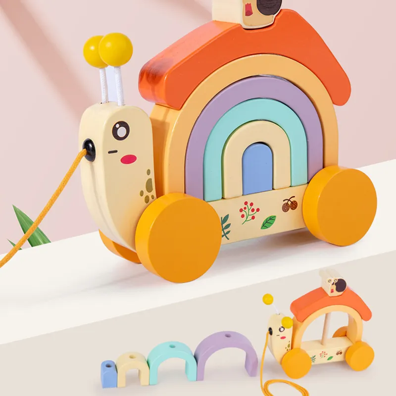 Rainbow Snail Wooden Pull-Along Toy for Children's Crawling and Walking Fun Multi-color image 4