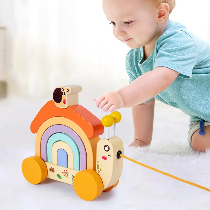 Rainbow Snail Wooden Pull-Along Toy for Children's Crawling and Walking Fun Multi-color image 2