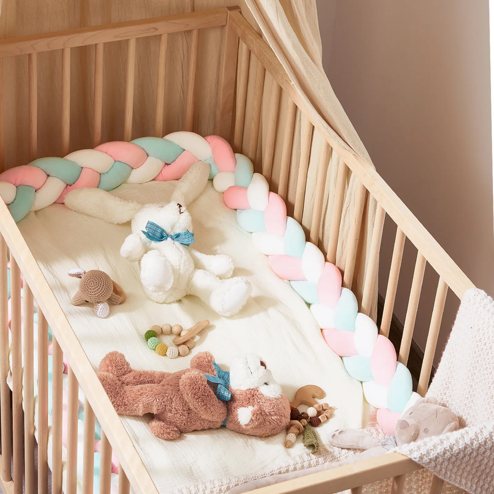 Crystal Velvet Braided Bumper with Anti-collision Design for Baby Bed Mint Green image 5