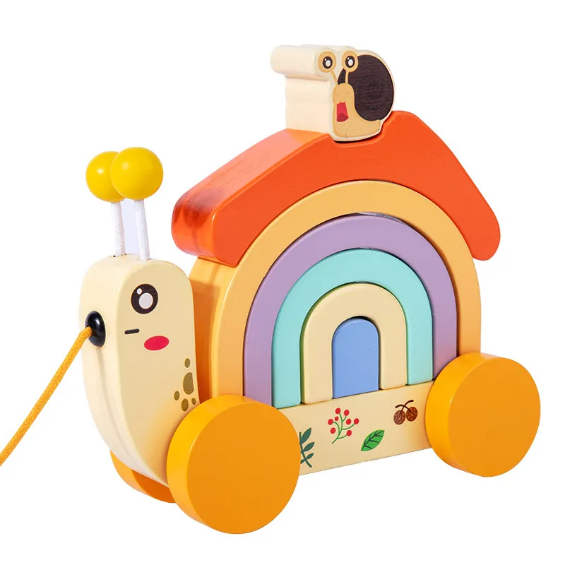 Rainbow Snail Wooden Pull-Along Toy for Children's Crawling and Walking Fun Multi-color big image 1