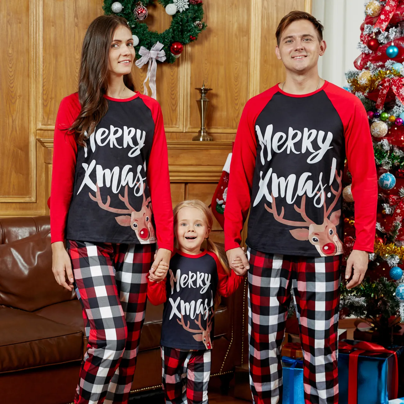 Weihnachten Familien-Looks Langärmelig Familien-Outfits Pyjamas (Flame Resistant) schwarz / weiß / rot big image 1