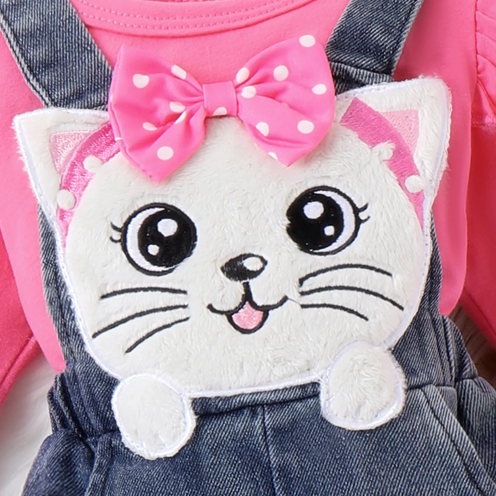 2pcs Baby Girls Ruffled Tshirt and 3D Cat Animal print Jeans Overall Set  Hot Pink image 3