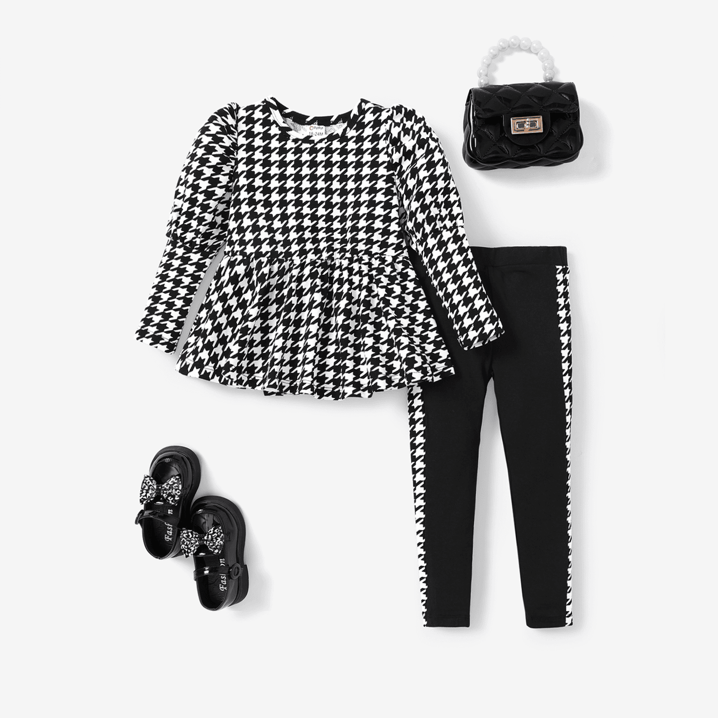 

2PCS Toddler Girl Grid/Houndstooth School Puff Sleeve Top/ Pant Set